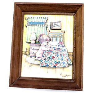 Vintage 1974 ARTMARK God Bless Girl Praying 3D Decoupage Paper Art 6x5"